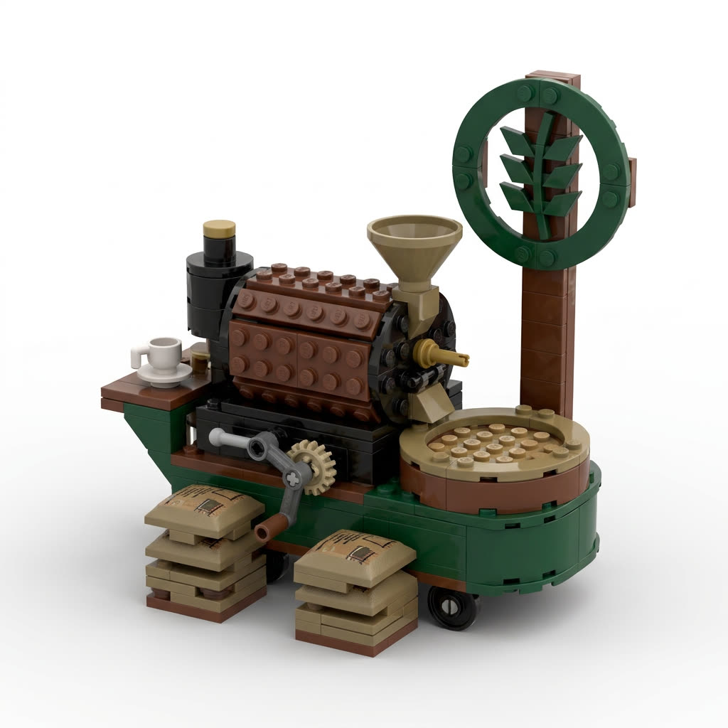 Generated concept render of a brick-built coffee roasting machine in forest green and brown, with the circular fern logo on a post — the Fern & Filter logo as a brick set