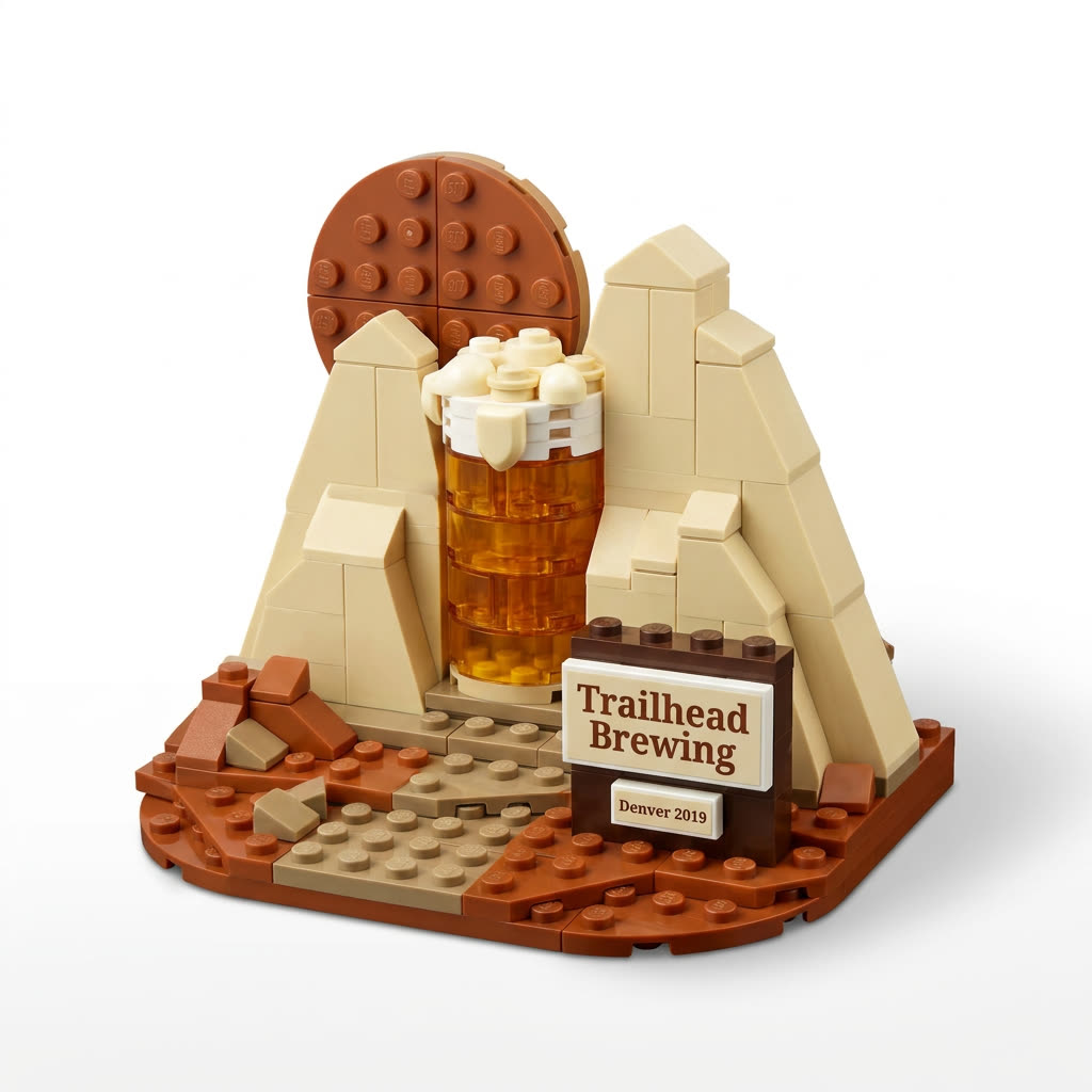 Generated concept render of a brick-built mountain scene with a terracotta sun, a poured beer and a Trailhead Brewing sign — the Trailhead Brewing logo as a brick set