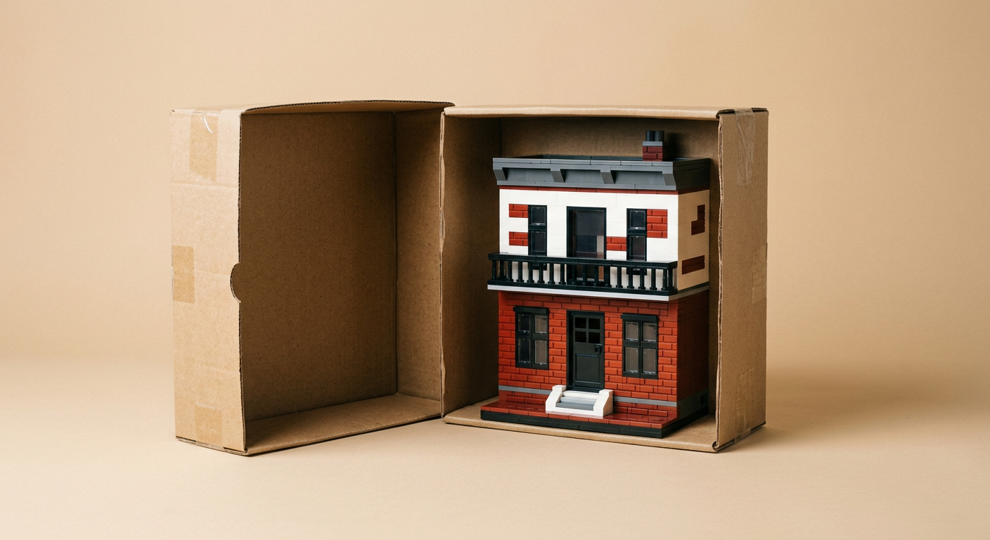 Concept of an office facade built from bricks inside a box