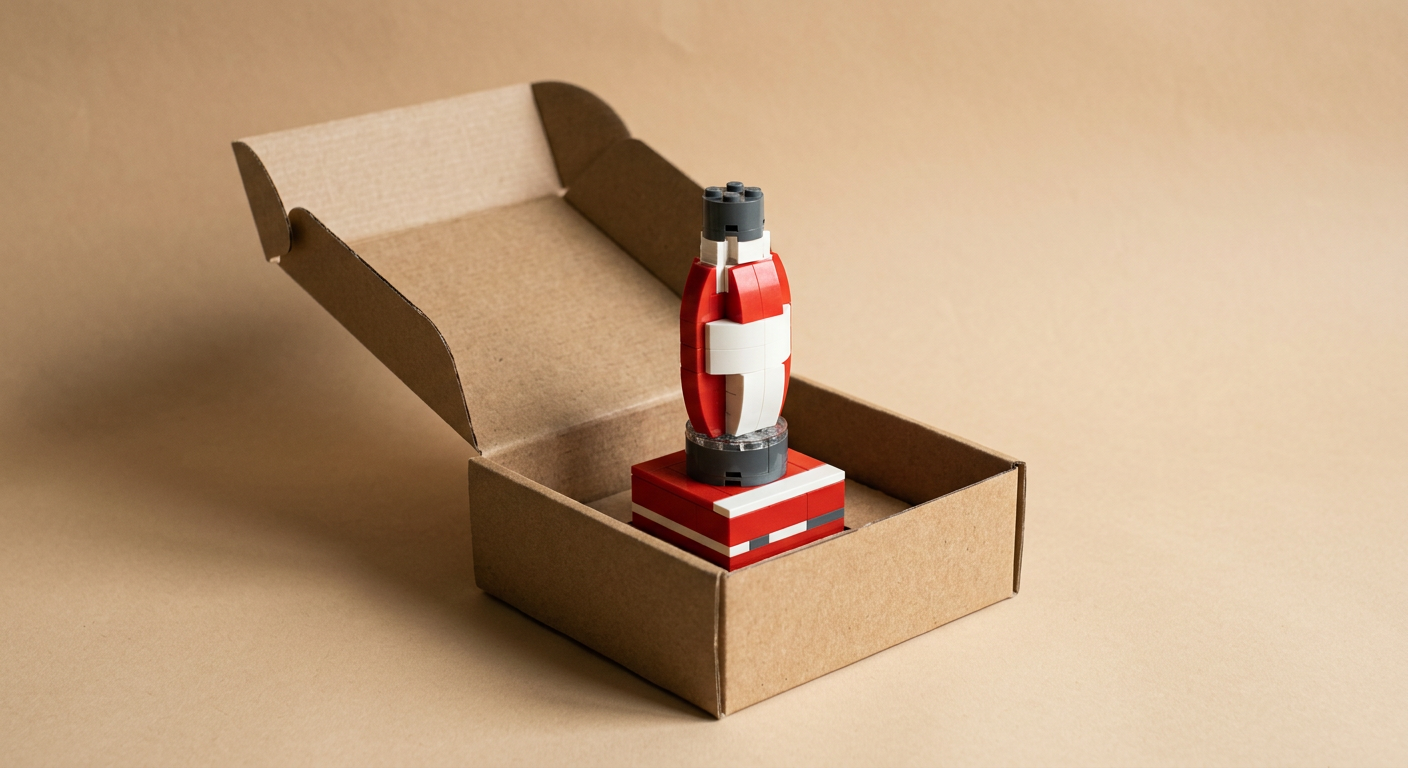 Concept of a red bottle made from bricks beside its presentation box