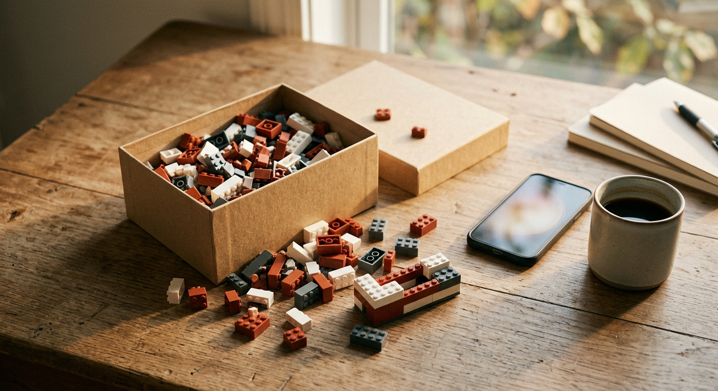 Loose building bricks and a presentation box on a desk